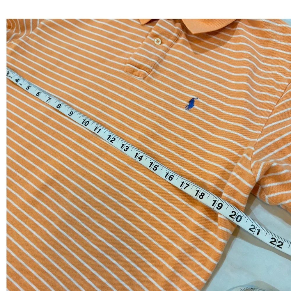 Polo Ralph Lauren Mens Large Orange White Striped Short Sleeve Pique Polo Shirt